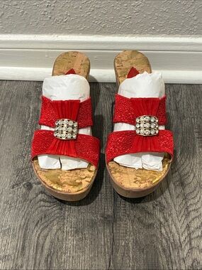 Red Bow Slide Mules with Crystal Accent